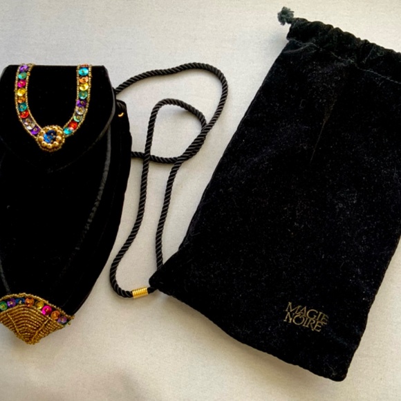 VINTAGE MAGIE NOIRE LANCÔME BLACK VELVET SEQUINED CROSSBODY EVENING BAG PURSE - Picture 3 of 9